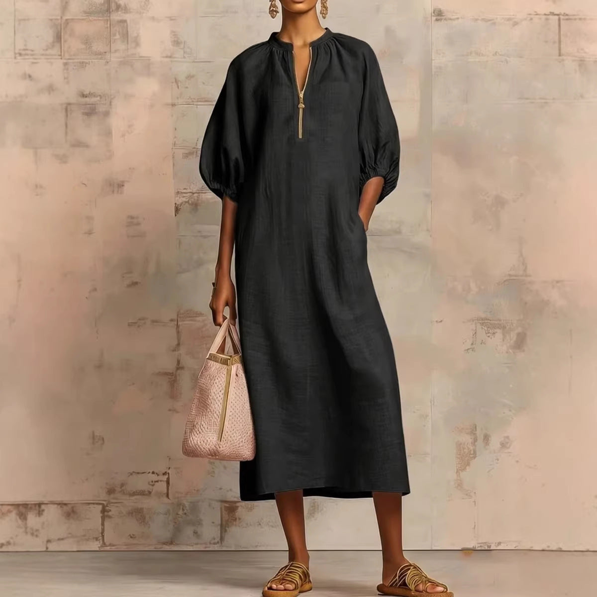 V-Neck Puff Sleeve Loose Linen Midi Dress Summer 2