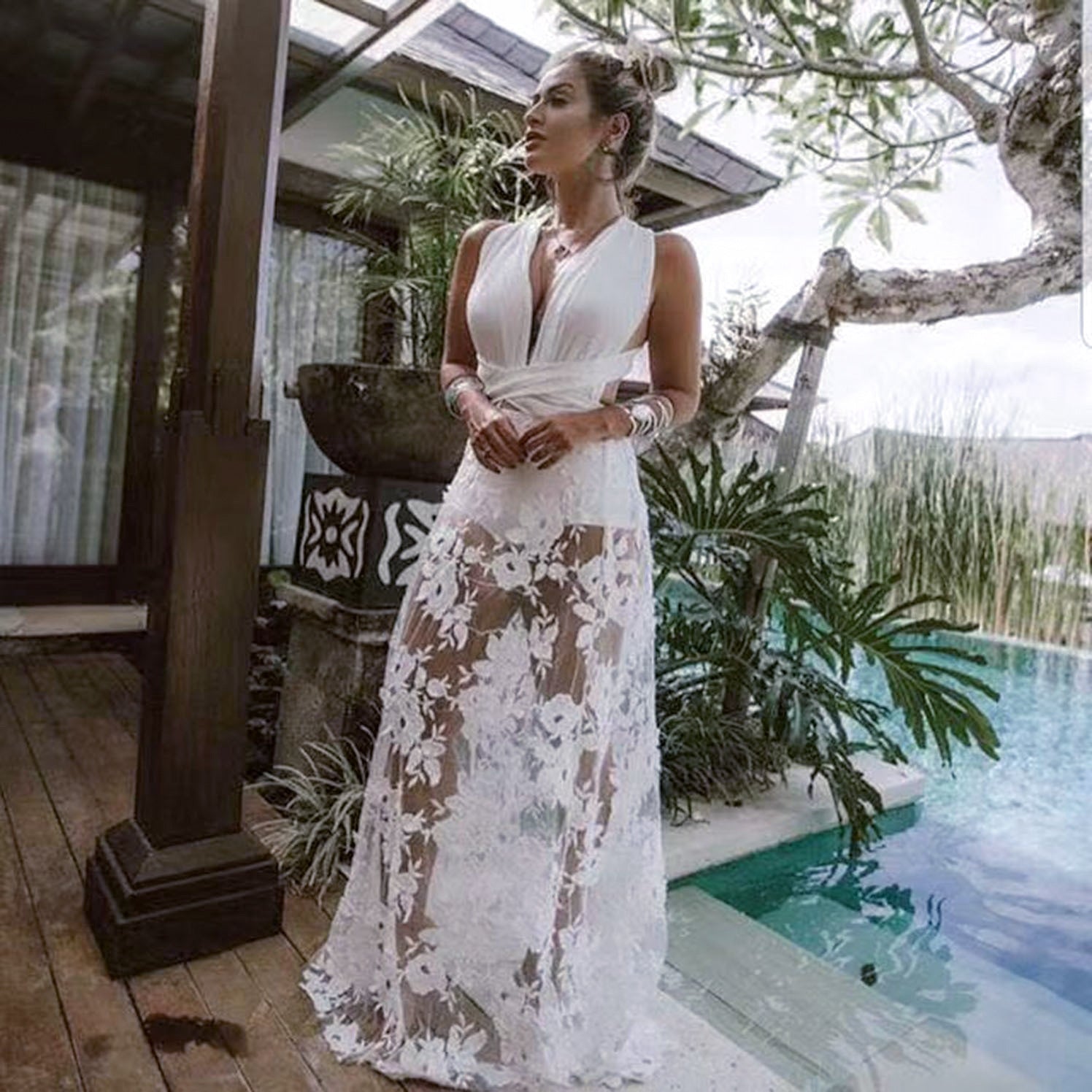 Spring Summer Women Clothes Dress Attractive Lace Cutout Backless Beach Maxi Dress