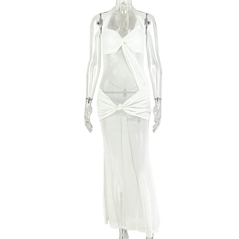 Sheer Mesh Panel Halter Neck Twist Front Ruched Mermaid Maxi Dress 2
