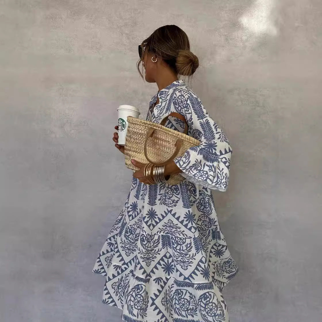 Ethnic Print Band Collar Balloon Sleeve Tiered Smock Midi Dress 3