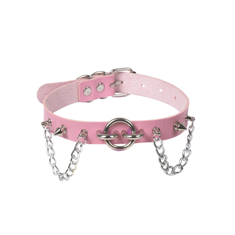 Personality Oring Rivet Chain Punk Leather Gothic Necklace