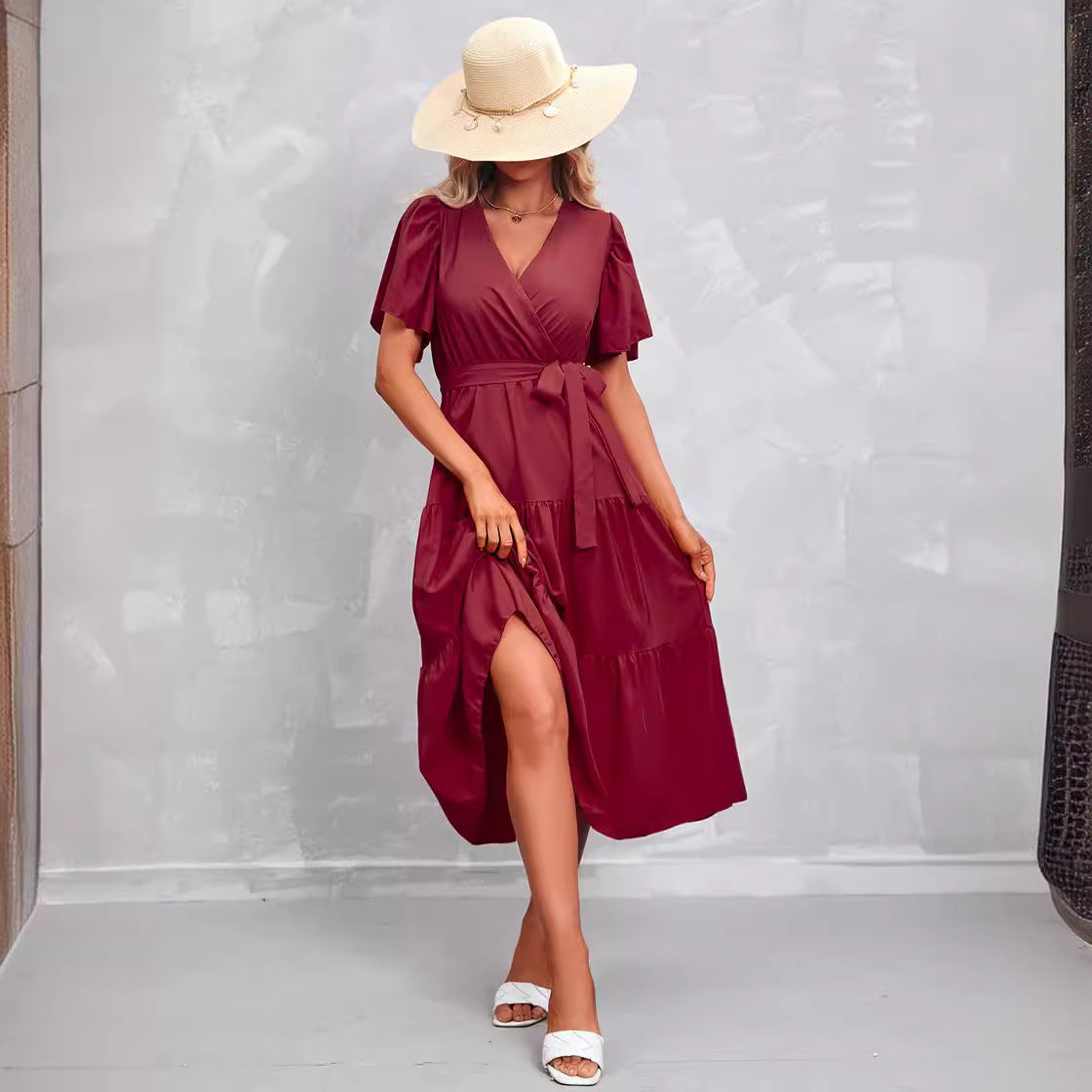 Women Clothing Summer Solid Color V Neck Short Sleeve Dress