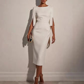 Boat Neck Split Sleeve Pearl Button Bodycon Midi Dress 2