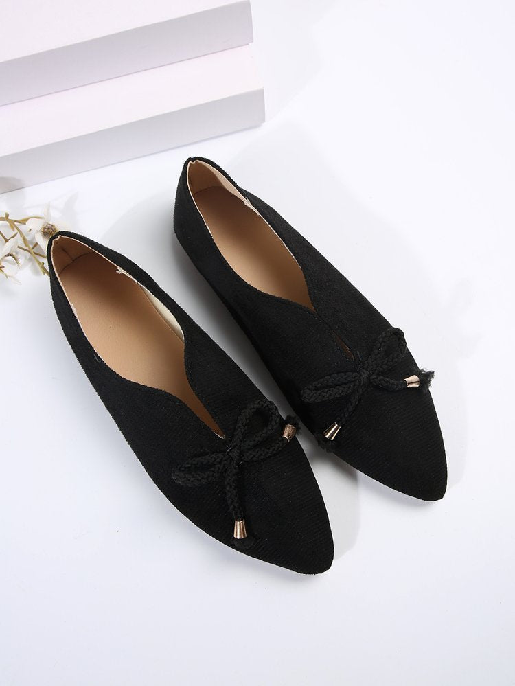 Canvas suede bow pointed toe flat slip-ons