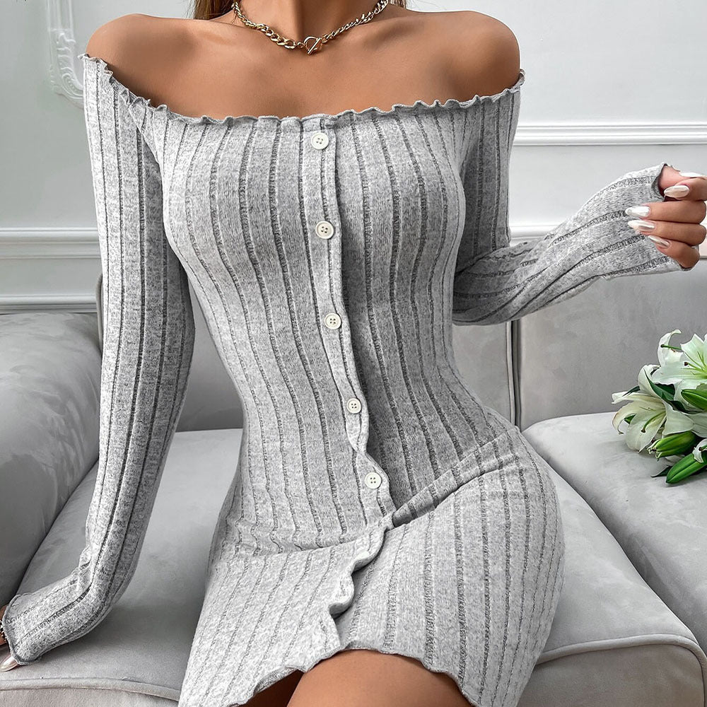 Ribbed Knit Off Shoulder Long Sleeve Button Front Lettuce Trim Bodycon Mini Dress