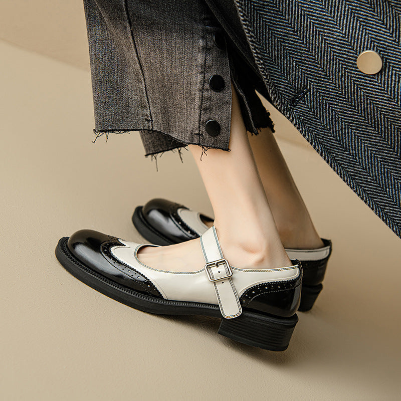 Round Toe Brogue Wingtip Buckle Strap Mary Jane Pumps