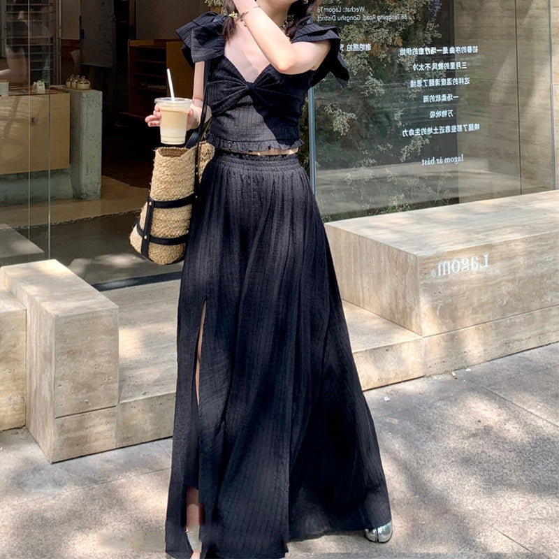 French Retro Twopiece Dress With Bow M / Black White Slit Maxi Dress
