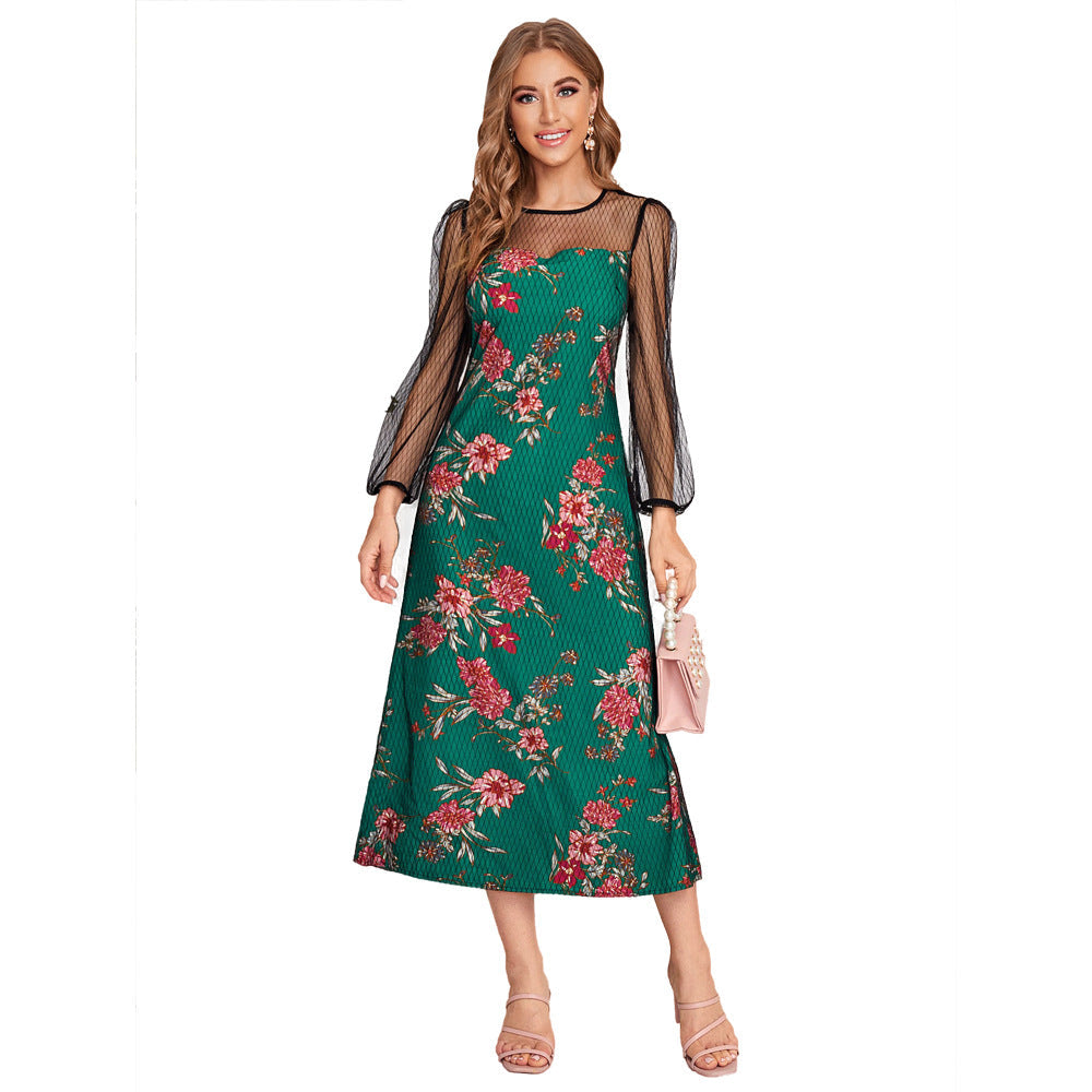 round Neck Long Sleeve Elastic Waist Long Patchwork Elegant Dress