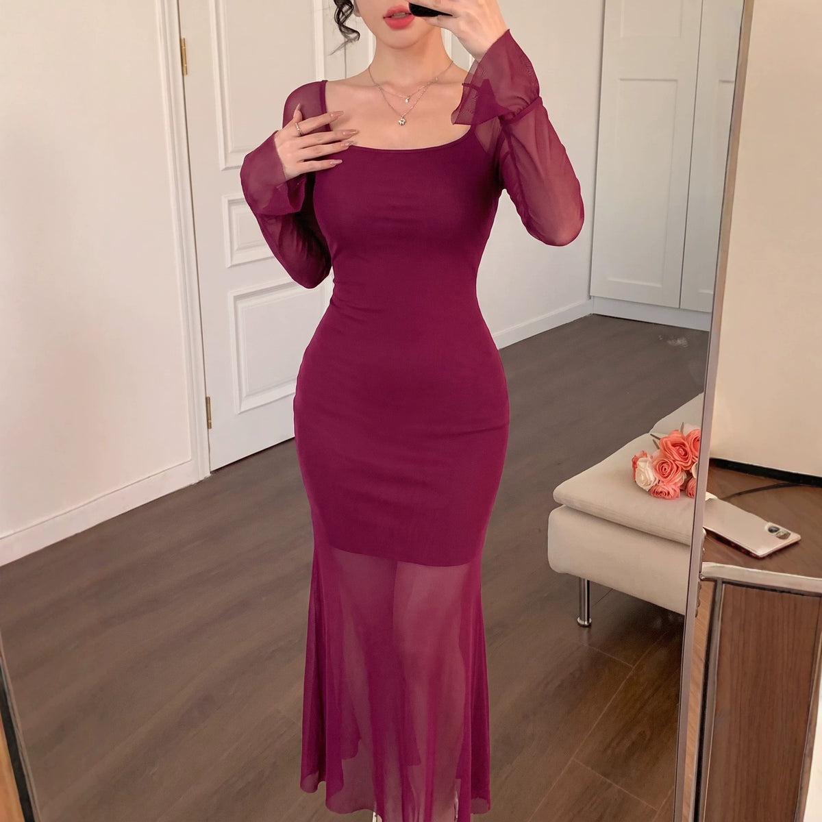Fall Women Clothing Sexy Slim Mesh Stitching Fishtail Flare Sleeve Maxi Dress