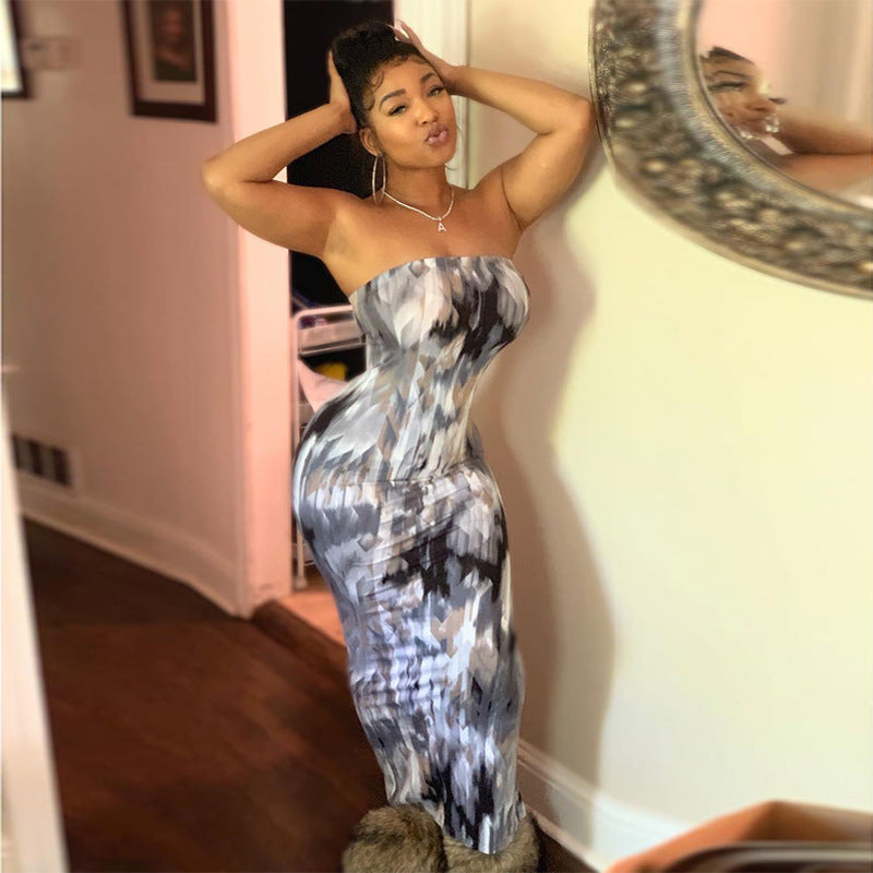 Vertical Stripe Print Strapless Tube Bodycon Maxi Dress 8