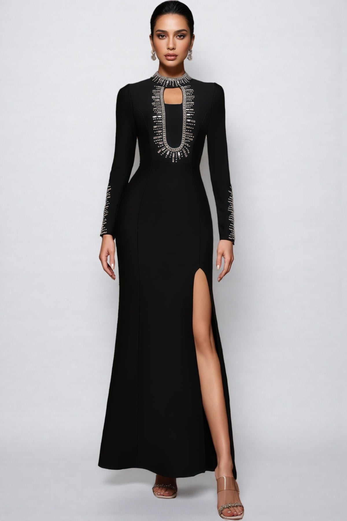 Rhinestone Embellished Keyhole Mock Neck Long Sleeve High Split Maxi Dress