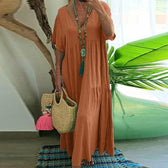 V-Neck Short Sleeve Tiered Linen Maxi Dress 7