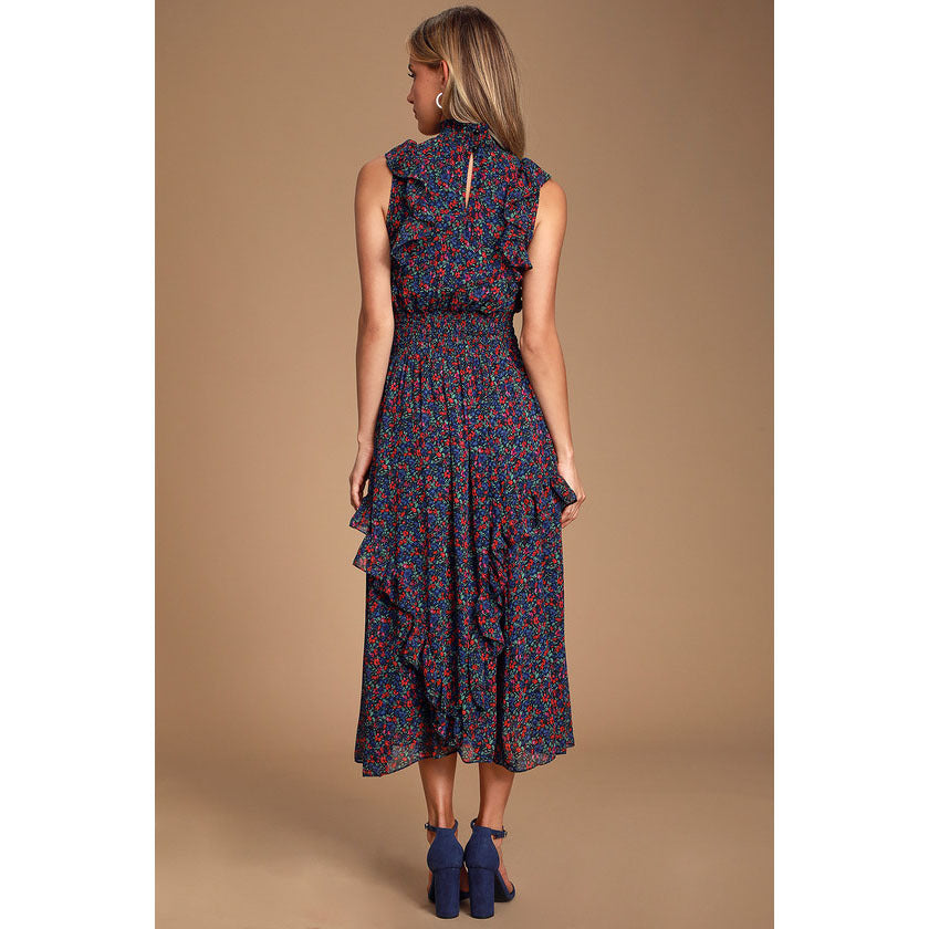 Ditsy Floral Mock Neck Sleeveless Ruffle Trim Smocked Waist Midi Dress 5