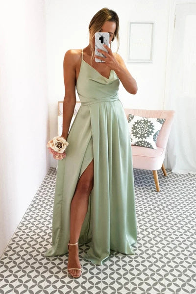 Satin Cowl Neck Tie Bow Shoulder Pleated High Split Maxi Gown