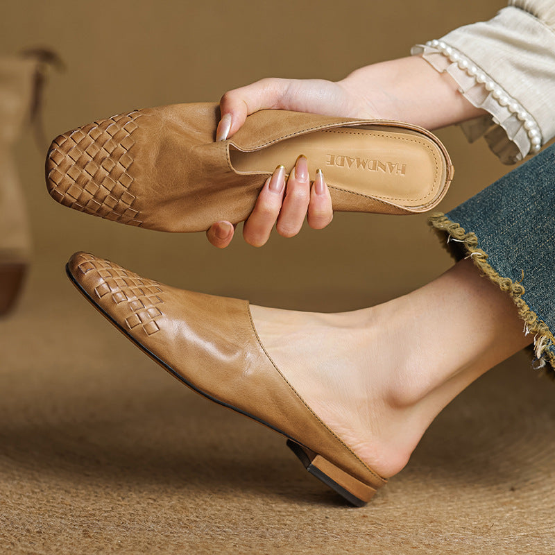Woven Square Toe Flat Mules