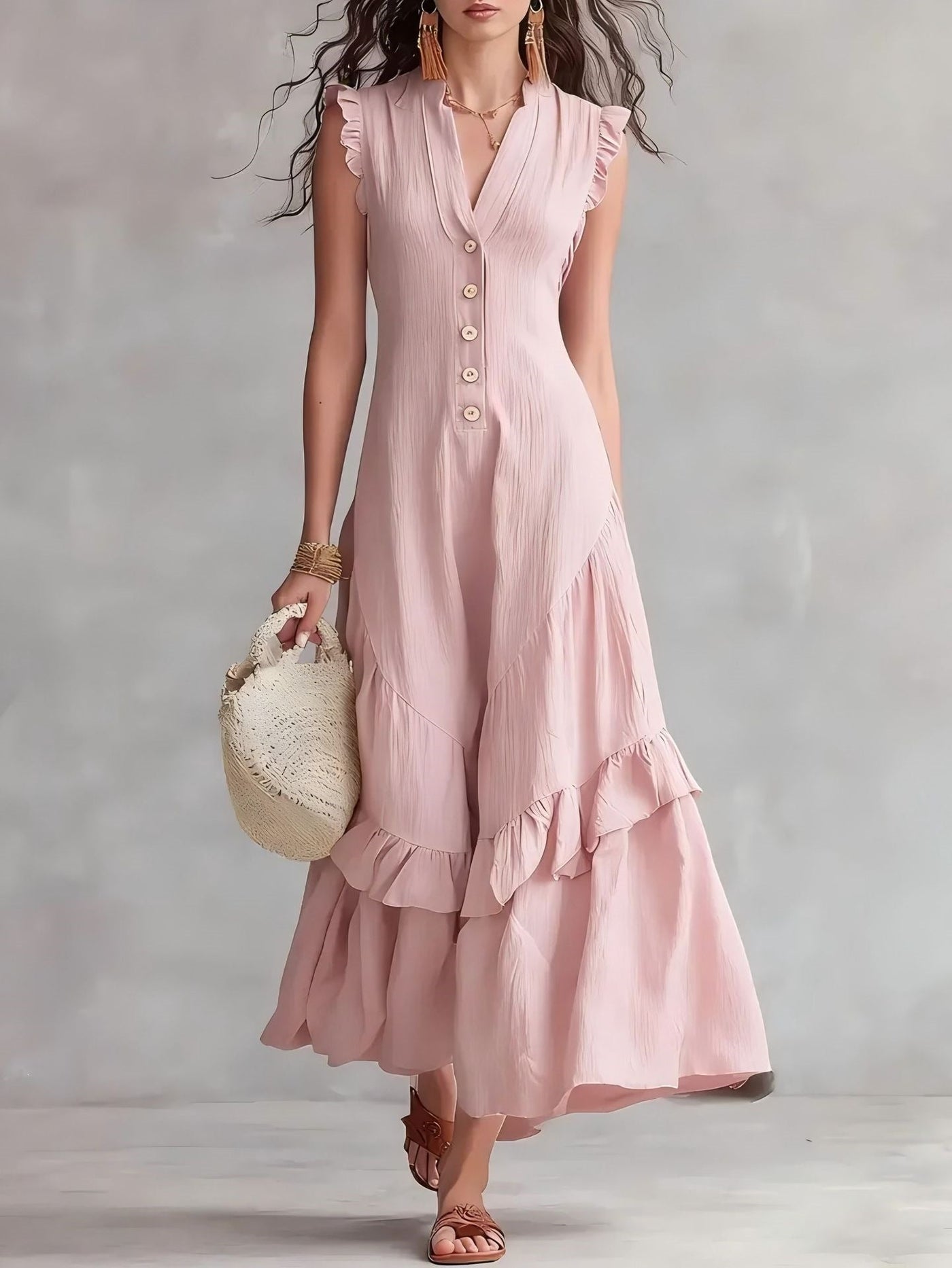 V-Neck Ruffle Sleeve Button Front Tiered Maxi Dress 8