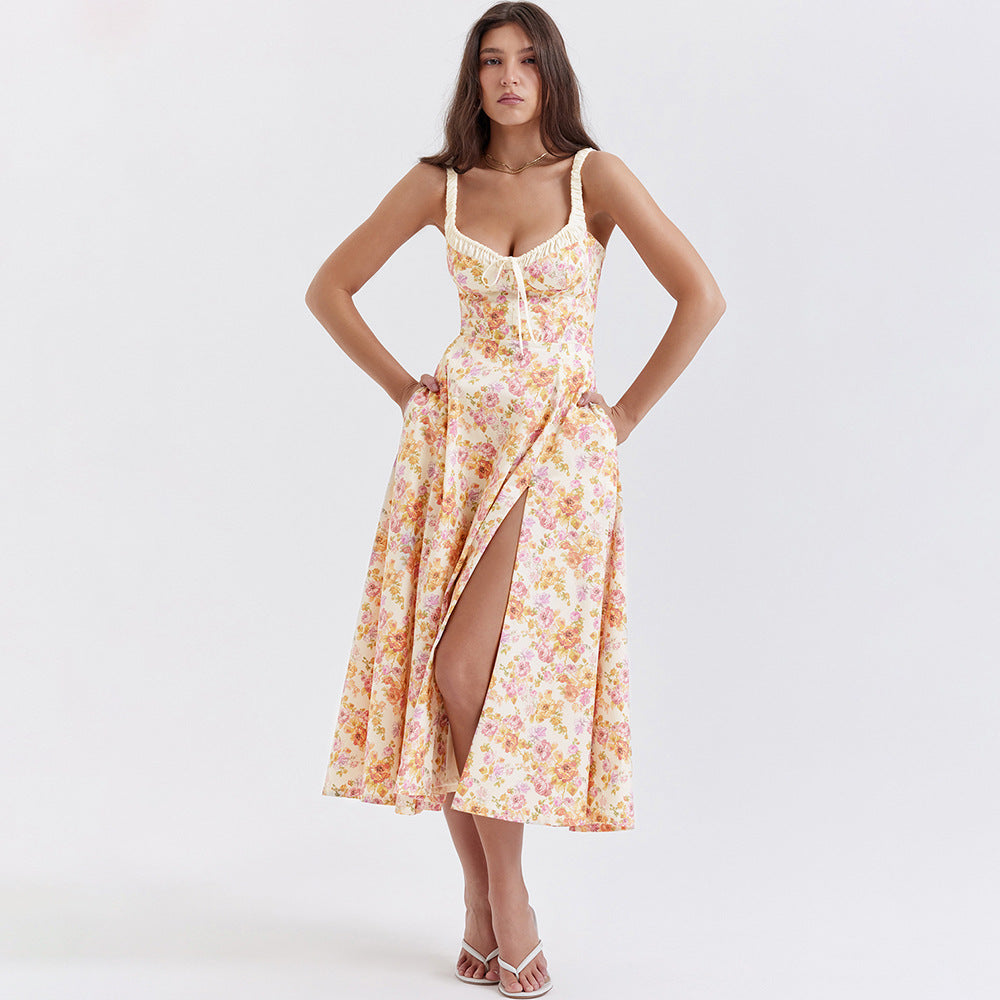 Floral Slip Dress Backless Slit Mid Length Vacation Dress for