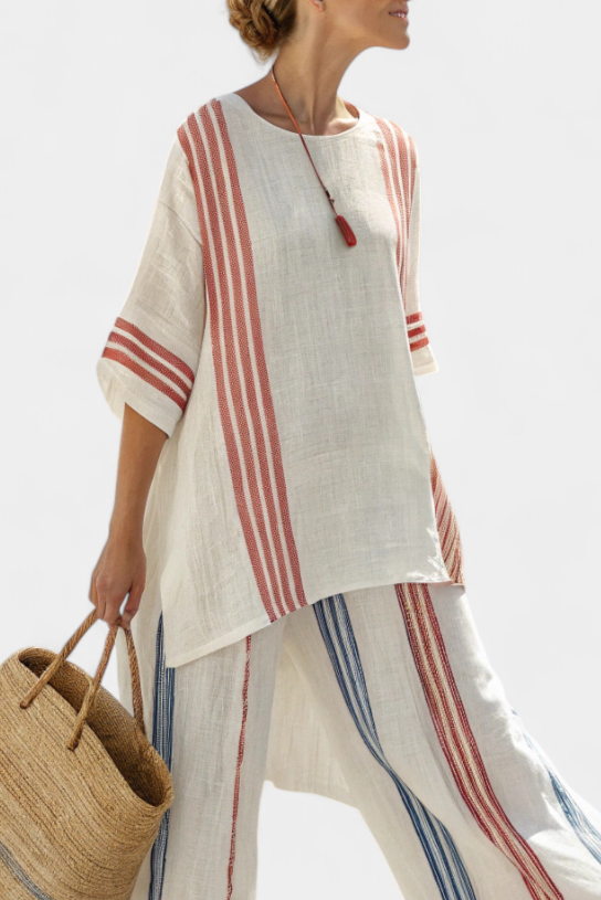 Striped Short Sleeve Tunic and Wide Leg Pants Two Piece Set