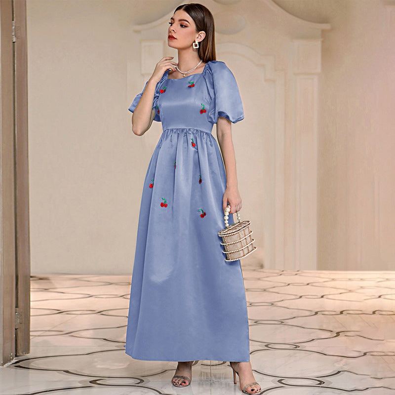 Dress Blue A line Dress High Waist Square Collar Elegant Dress