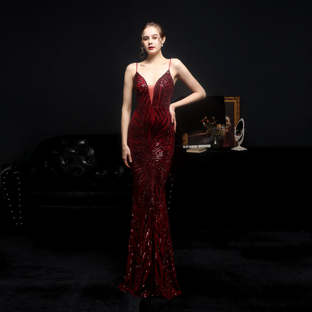 Leaf Pattern Sequin Plunge Spaghetti Strap Mermaid Evening Gown 3