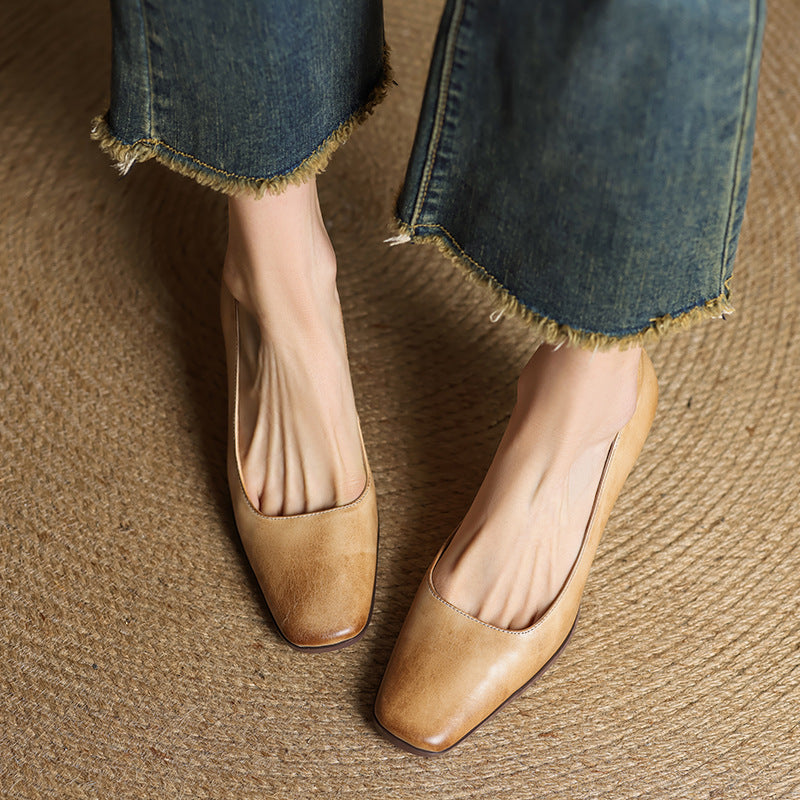 Square Toe Slip On Kitten Heel Leather Pumps