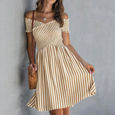 Striped Off Shoulder Short Sleeve Smocked Mini Dress 3