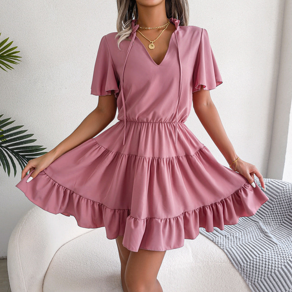 Tie Neck V-Neck Flutter Sleeve Tiered Ruffle Hem Mini Dress