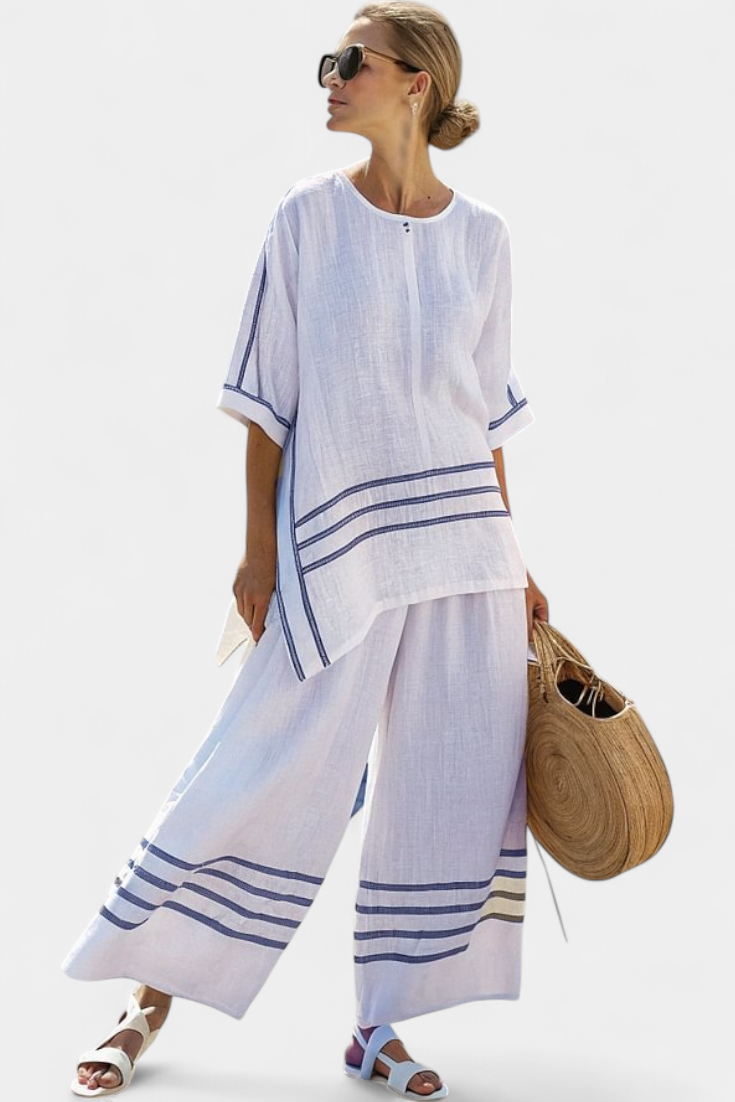 Striped Trim Short Sleeve Top and Wide Leg Pants Two Piece Set