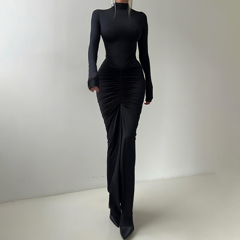 Mock Neck Long Sleeve Ruched Front Bodycon Maxi Dress 4