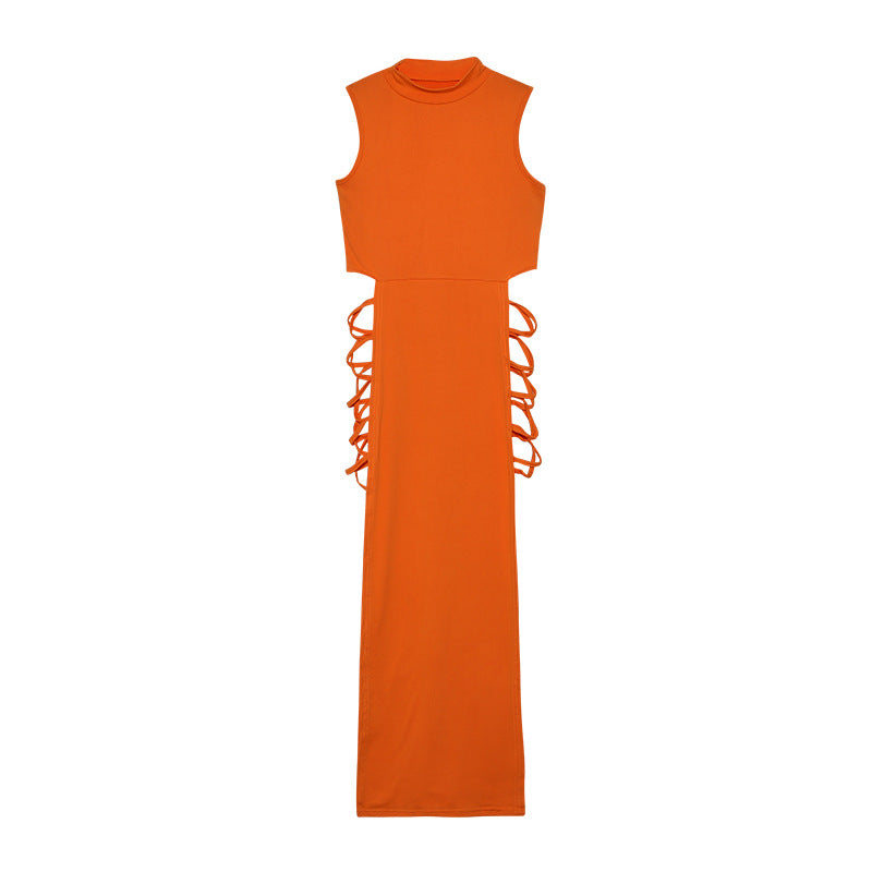 Mock Neck Sleeveless Lace Up Side Cut Out High Split Maxi Dress 7