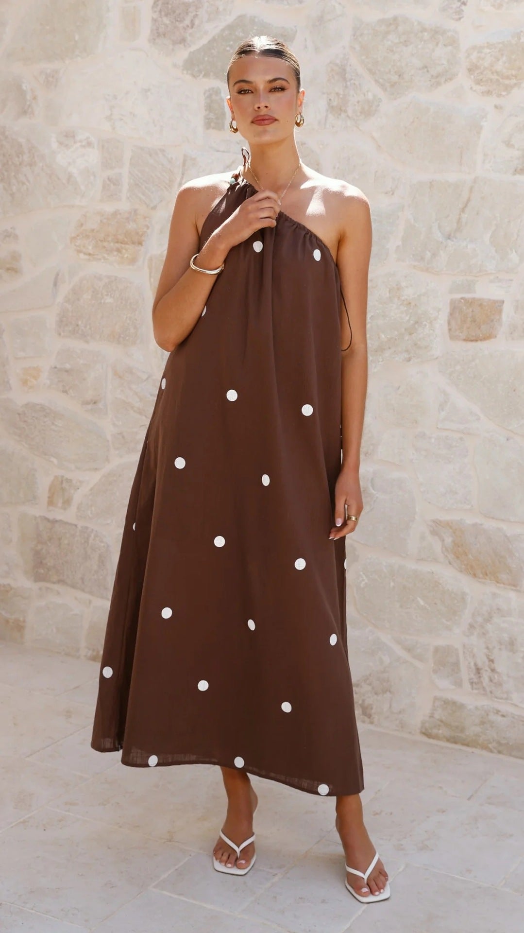 Polka Dot One Shoulder Tie Strap Loose A-Line Maxi Dress 2