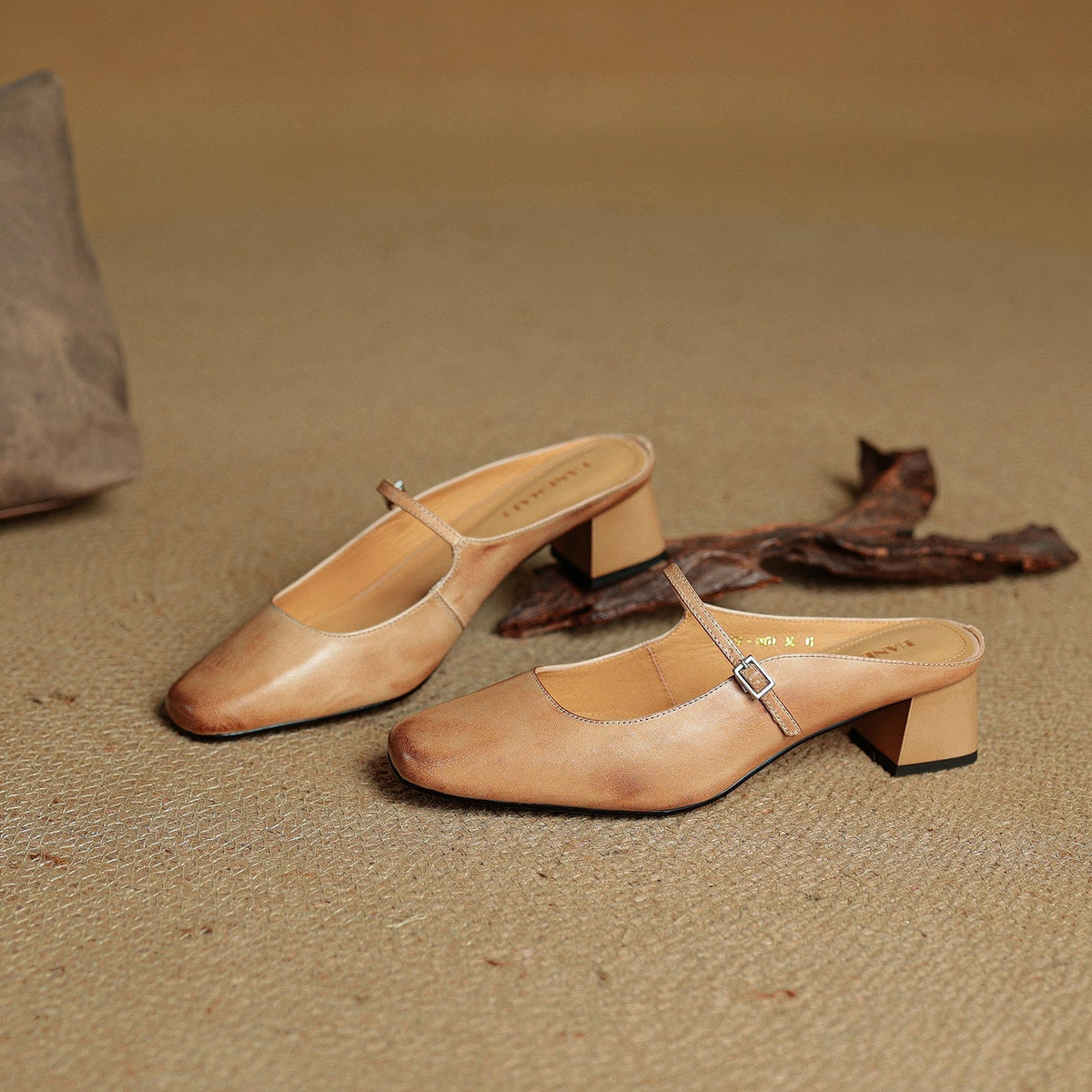 Square Toe Mary Jane Buckle Strap Block Heel Mules