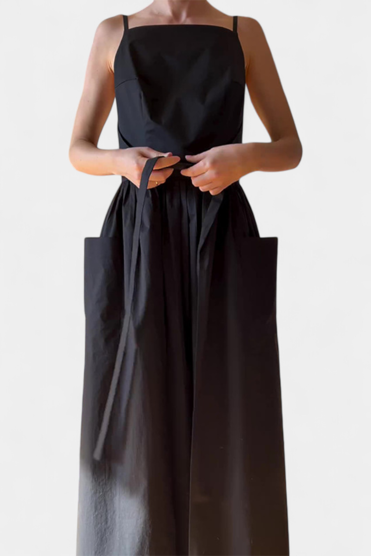 Square Neck Spaghetti Strap Tie Waist Wide Leg Jumpsuit