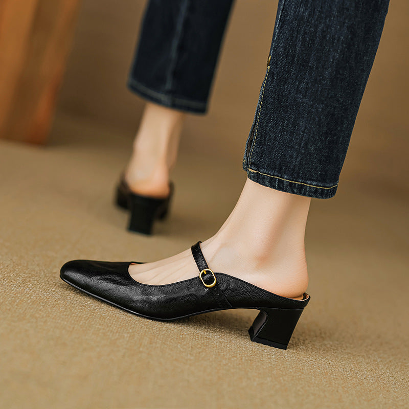 Square Toe Buckle Block Heel Mary Jane Mules