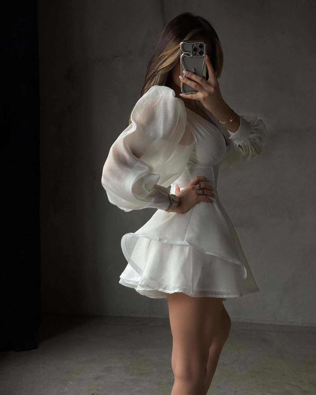 Chiffon Deep V-Neck Long Sleeve Bustier Mini Dress 5
