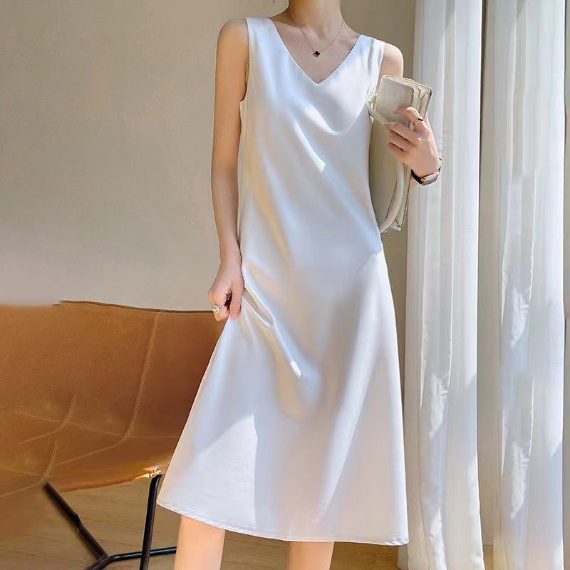 Satin V-Neck Sleeveless Wide Strap A-Line Midi Dress 5
