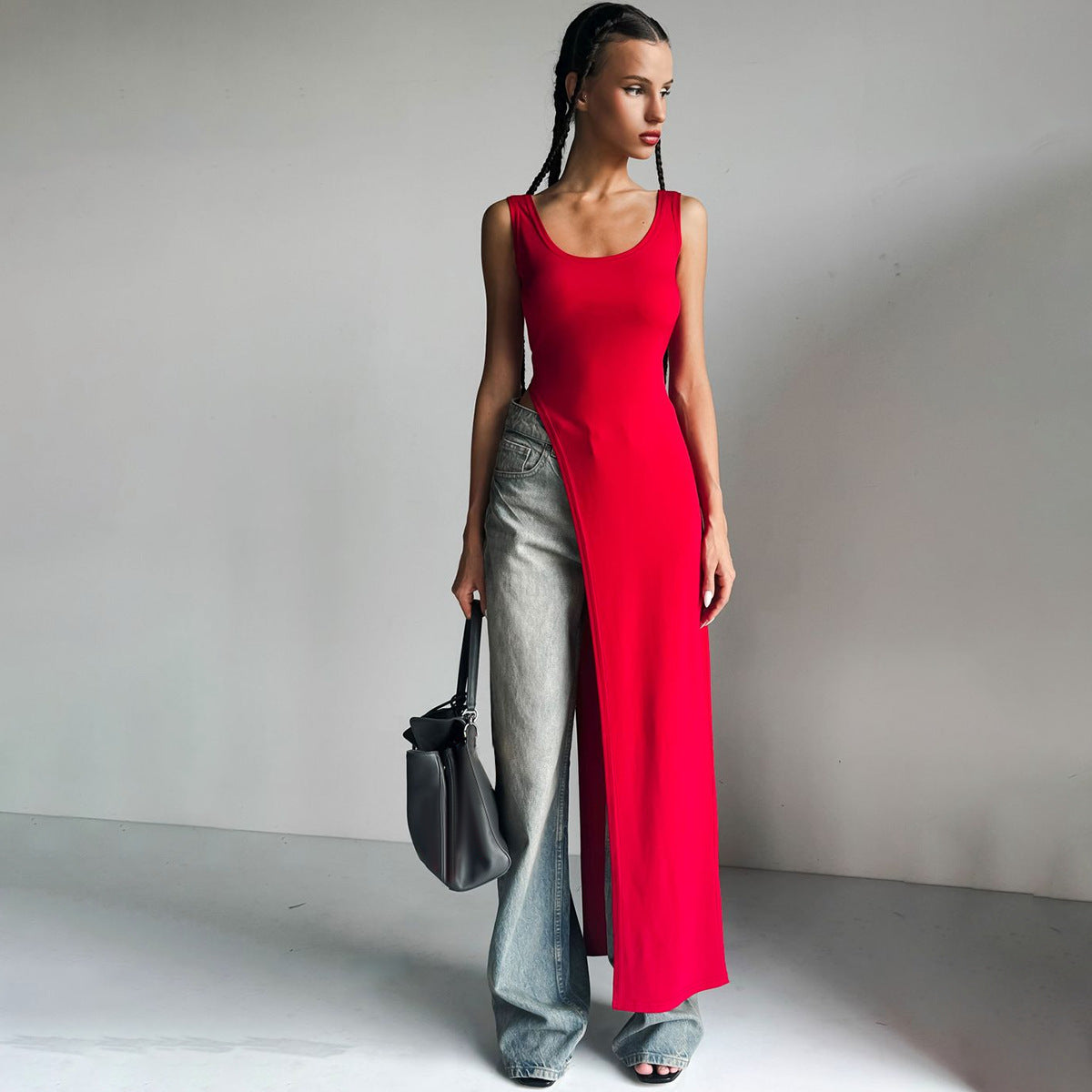 Scoop Neck Sleeveless High Split Fitted Maxi Tank Dress