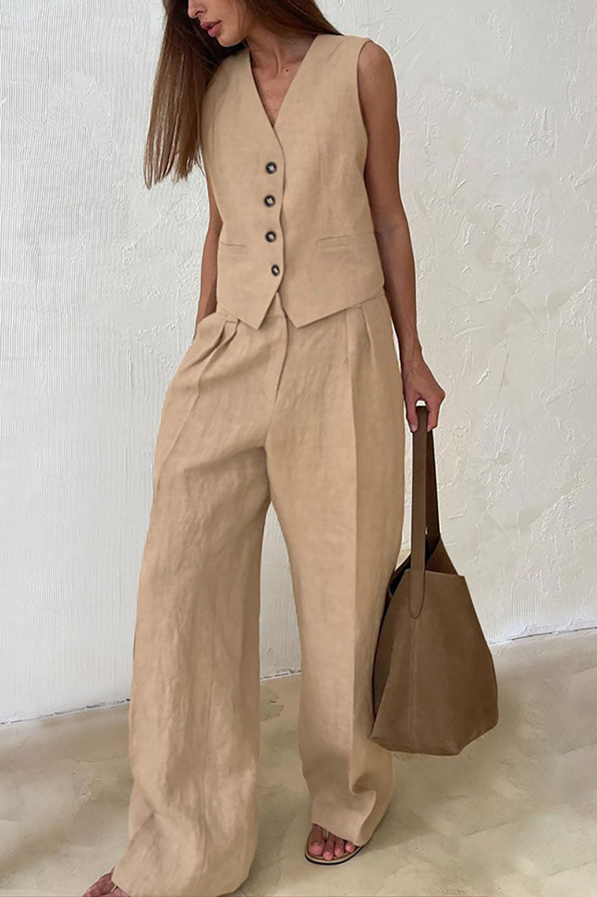 Solid Color Cotton and Linen V-neck Vest Long Pants Set