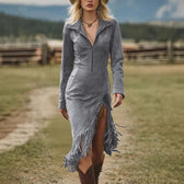 Faux Suede Long Sleeve Fringe High Split Bodycon Midi Dress 9