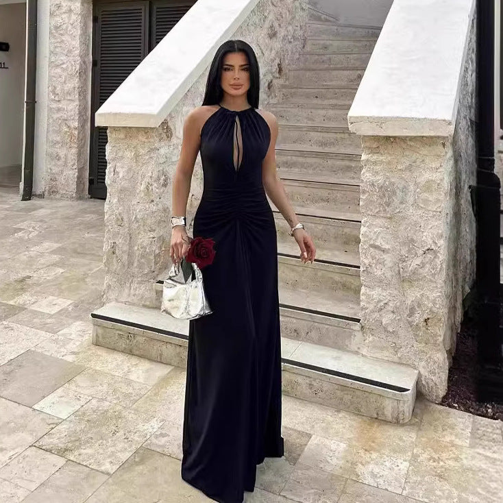 Halter Neck Keyhole Ruched Front Sleeveless Maxi Dress 3
