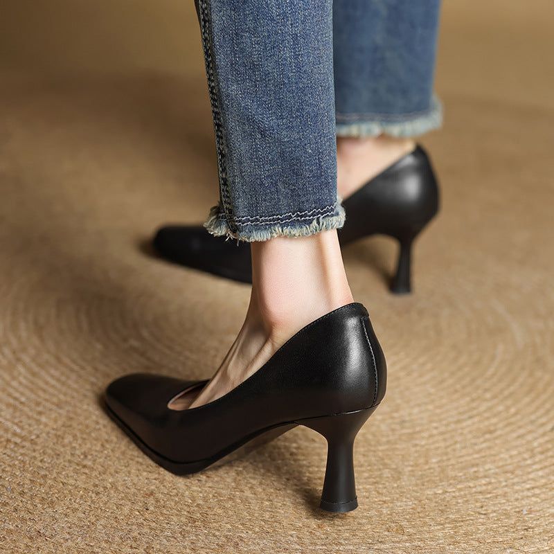 Square Toe Slip On Kitten Heel Leather Pumps