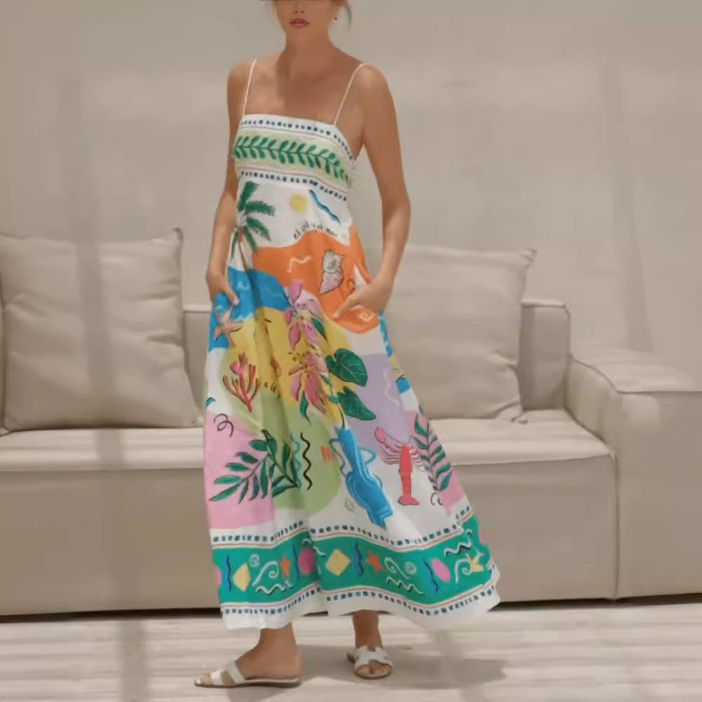 Tropical Beach Print Spaghetti Strap Square Neck Pocket Maxi Dress