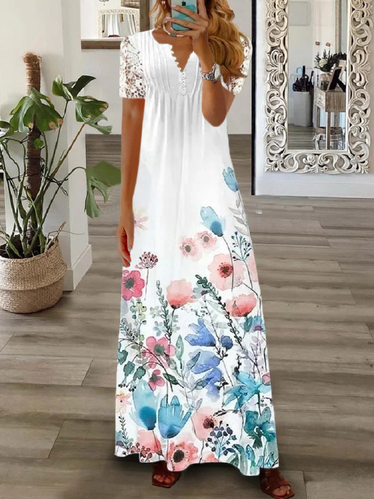 Lace Sleeve V-Neck Long Sleeve Pleated Maxi Dress 14