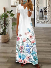Lace Sleeve V-Neck Long Sleeve Pleated Maxi Dress 14