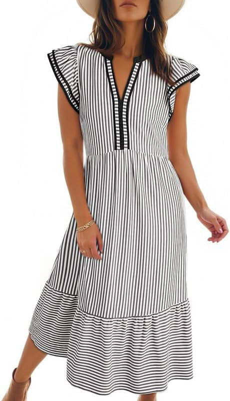 Striped Contrast Trim V-Neck Flutter Sleeve Ruffle Hem Midi Dress 6