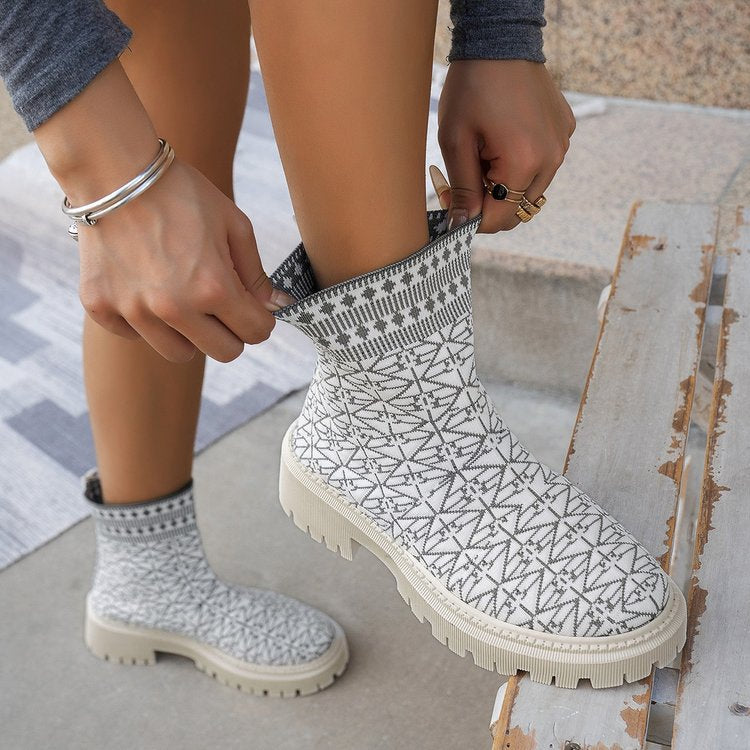 Geometric pattern flyknit stretch high-top chimney boots