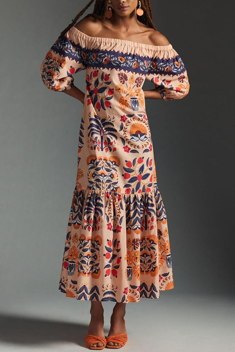 Summer Retro Floral Print Off Shoulder Loose Pockets Dress Women