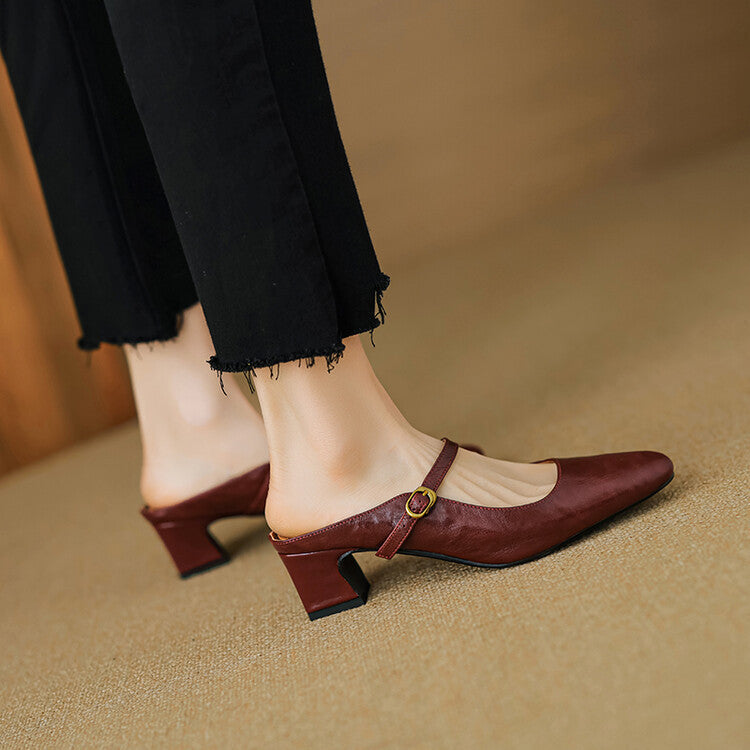 Square Toe Buckle Block Heel Mary Jane Mules