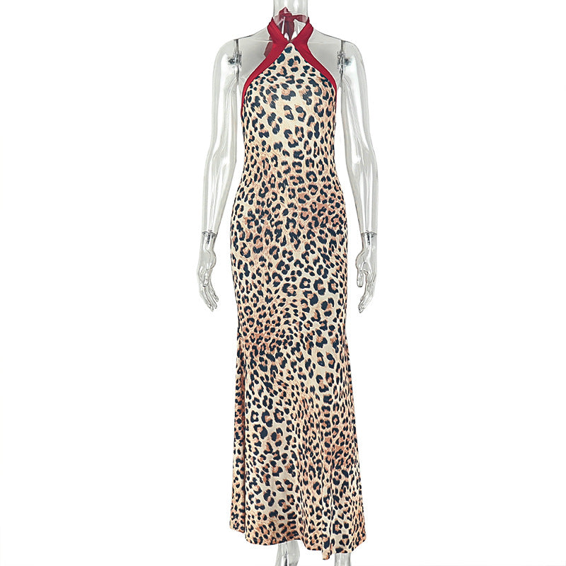Leopard Print Contrast Halter Neck Bodycon Mermaid Maxi Dress 2