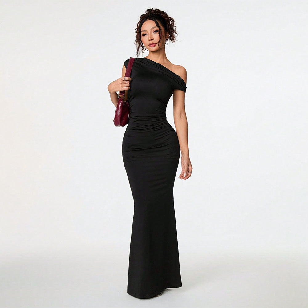 Asymmetric Off Shoulder Cap Sleeve Ruched Mermaid Maxi Dress 2